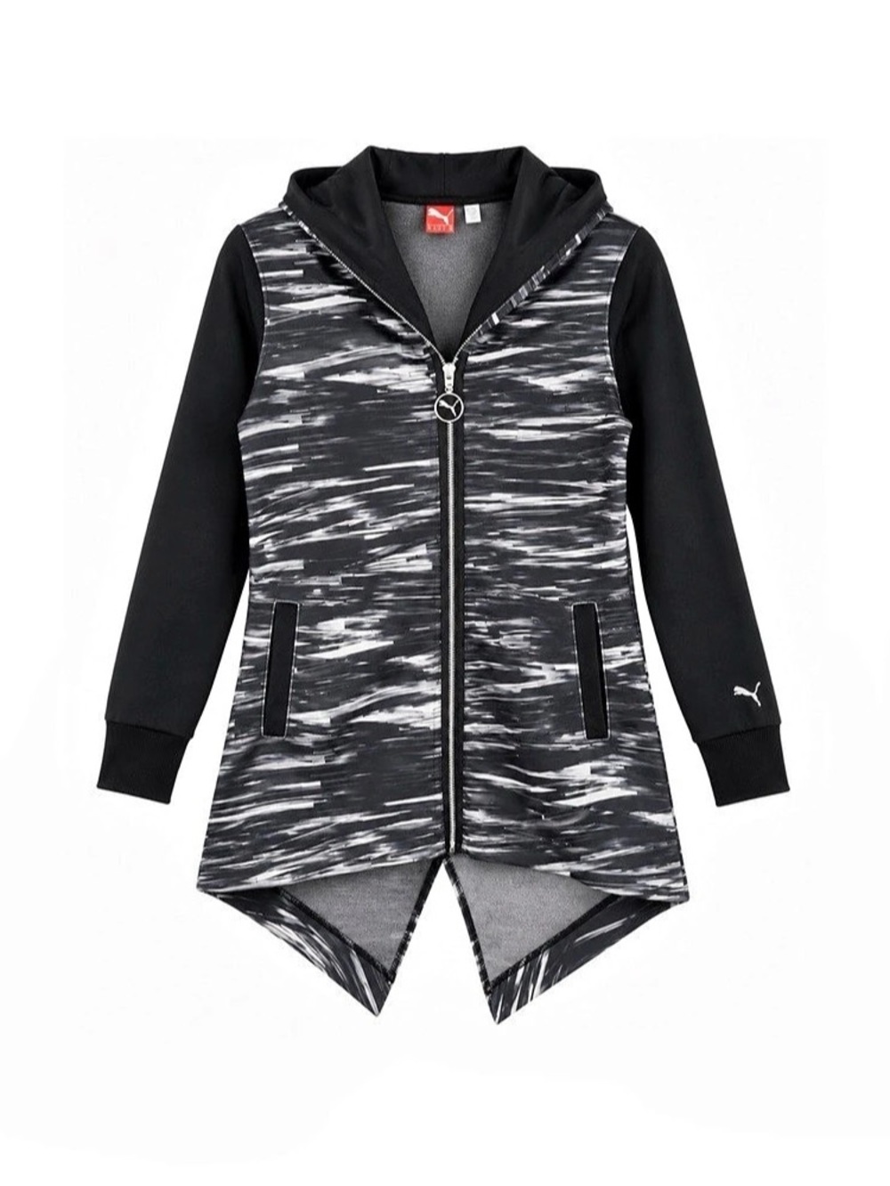 Puma Sport Lifestyle Women’s Black White Abstract Print Longline Zip Hoodie Sz S